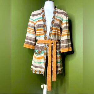 🔥Billabong - RARE hooded striped/floral boho trim belted cardigan